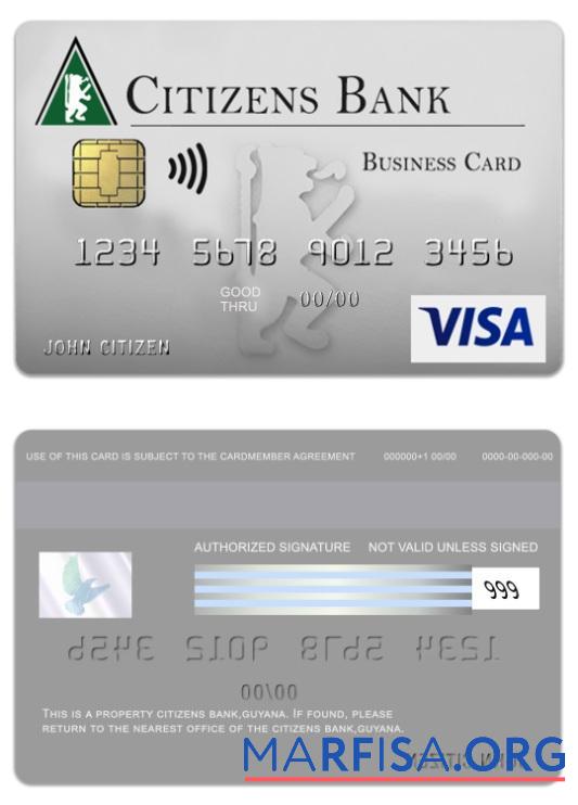 Realistic Guyana Citizens Bank visa business card sample